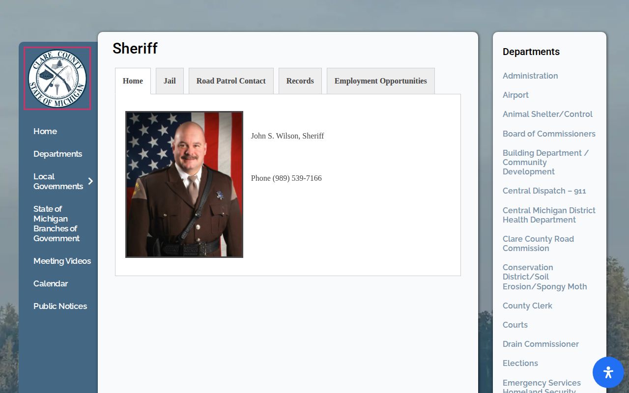 Clare County Jail release records and sheriff contact page