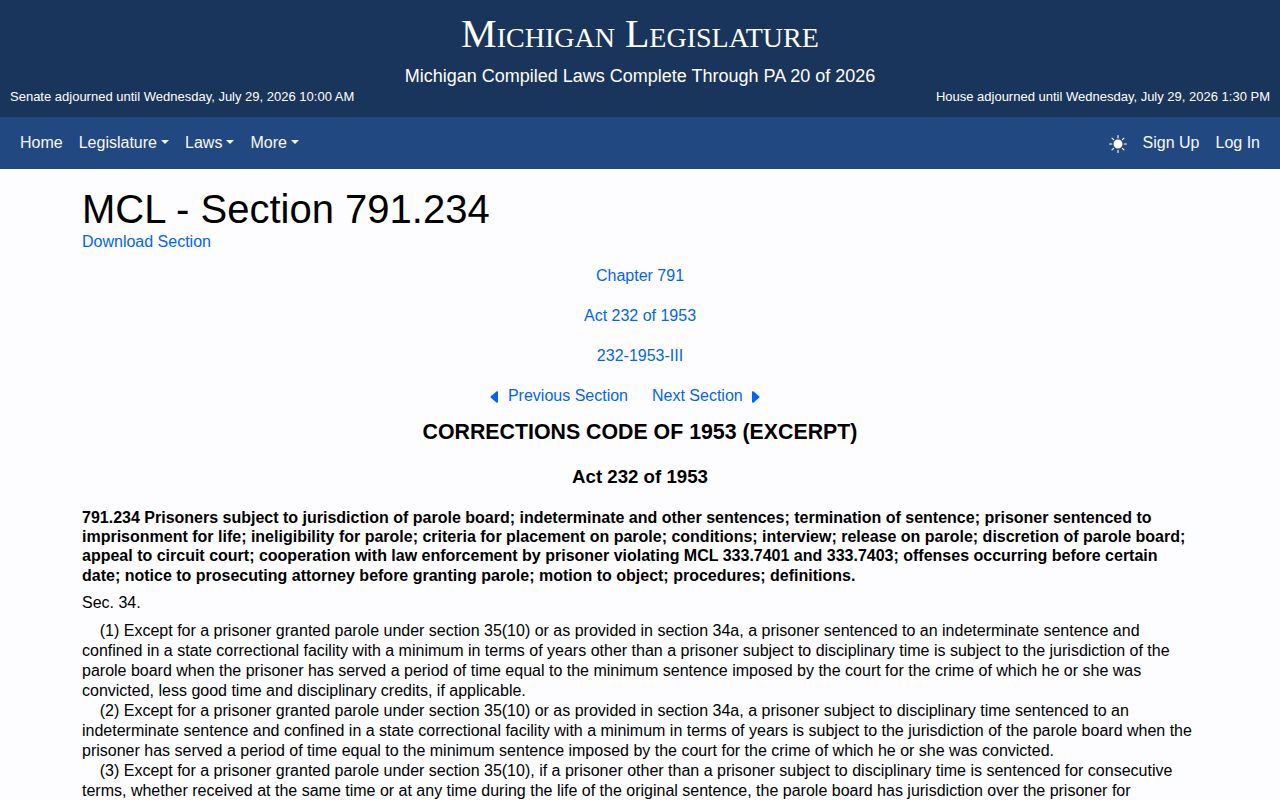 Michigan parole jurisdiction law for Clare County inmate release dates